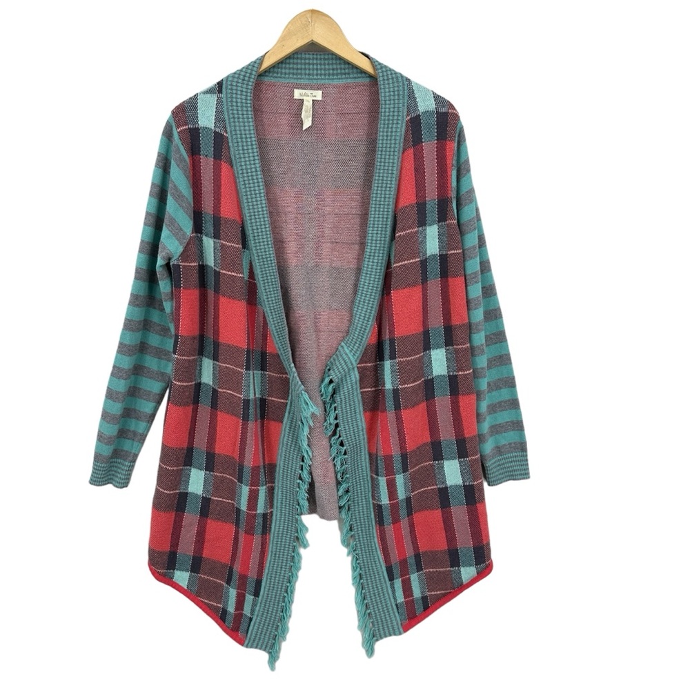 MATILDA JANE Steadfast Cardigan Sweater Plaid Fringe Edge